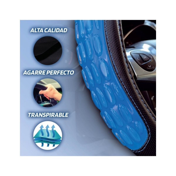 Funda Volante Coche Universal Modelo Blue Gel Color Negro Azul Poli Piel 37-39 cm con Gel Antideslizante Transpirable