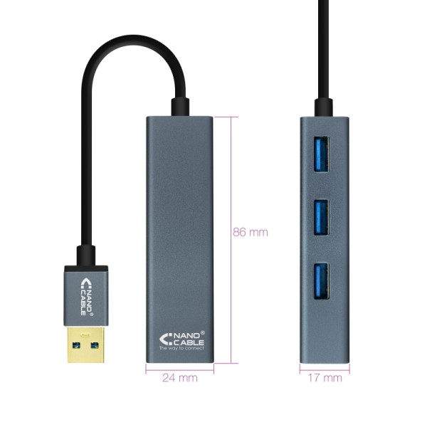 Nanocable hub usb 3.0 4 x usb 3.0 10cm. gris
