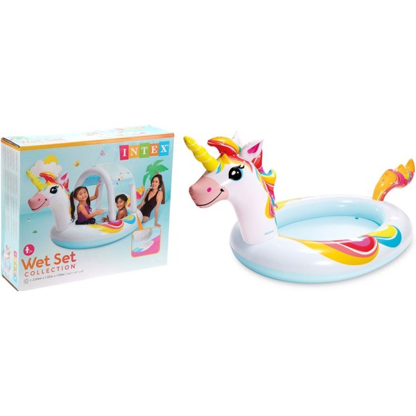 Piscina hinchable infantil modelo unicornio con rociador, 254 x 132 x 109 cm